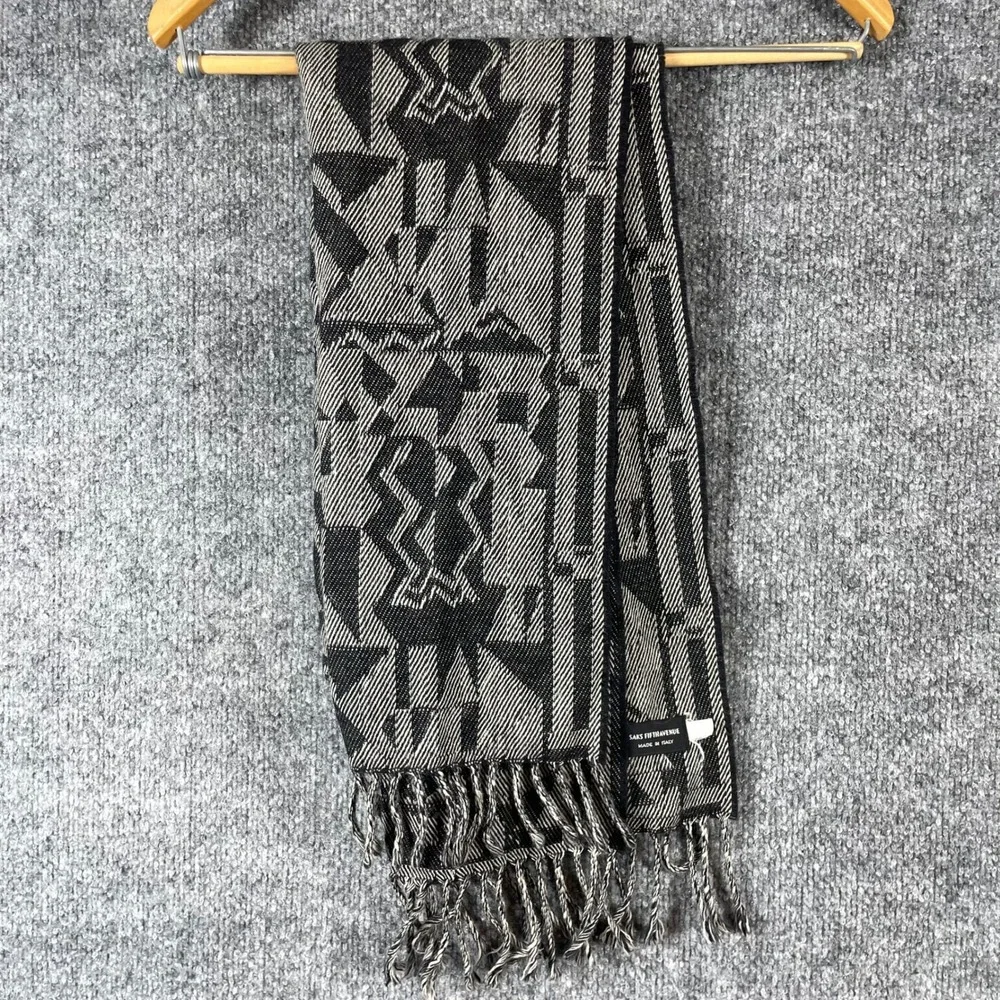 VTG Saks Fifth Avenue Scarf Unisex One Size Black Geometric Abstract Wool Italy